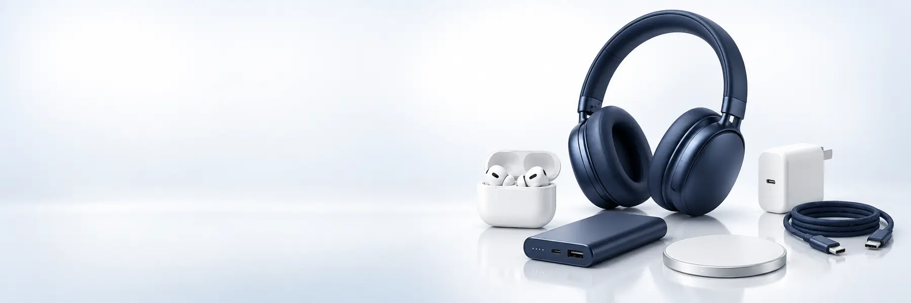 Casque, écouteurs sans fil, power bank, chargeur, câble USB-C et chargeur sans fil