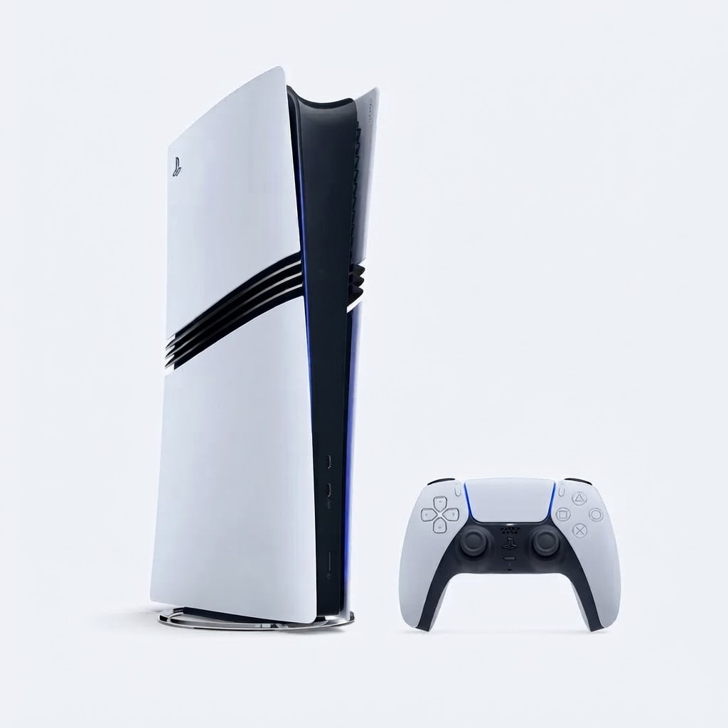 Console Sony PlayStation 5 et manette sans fil sur fond blanc