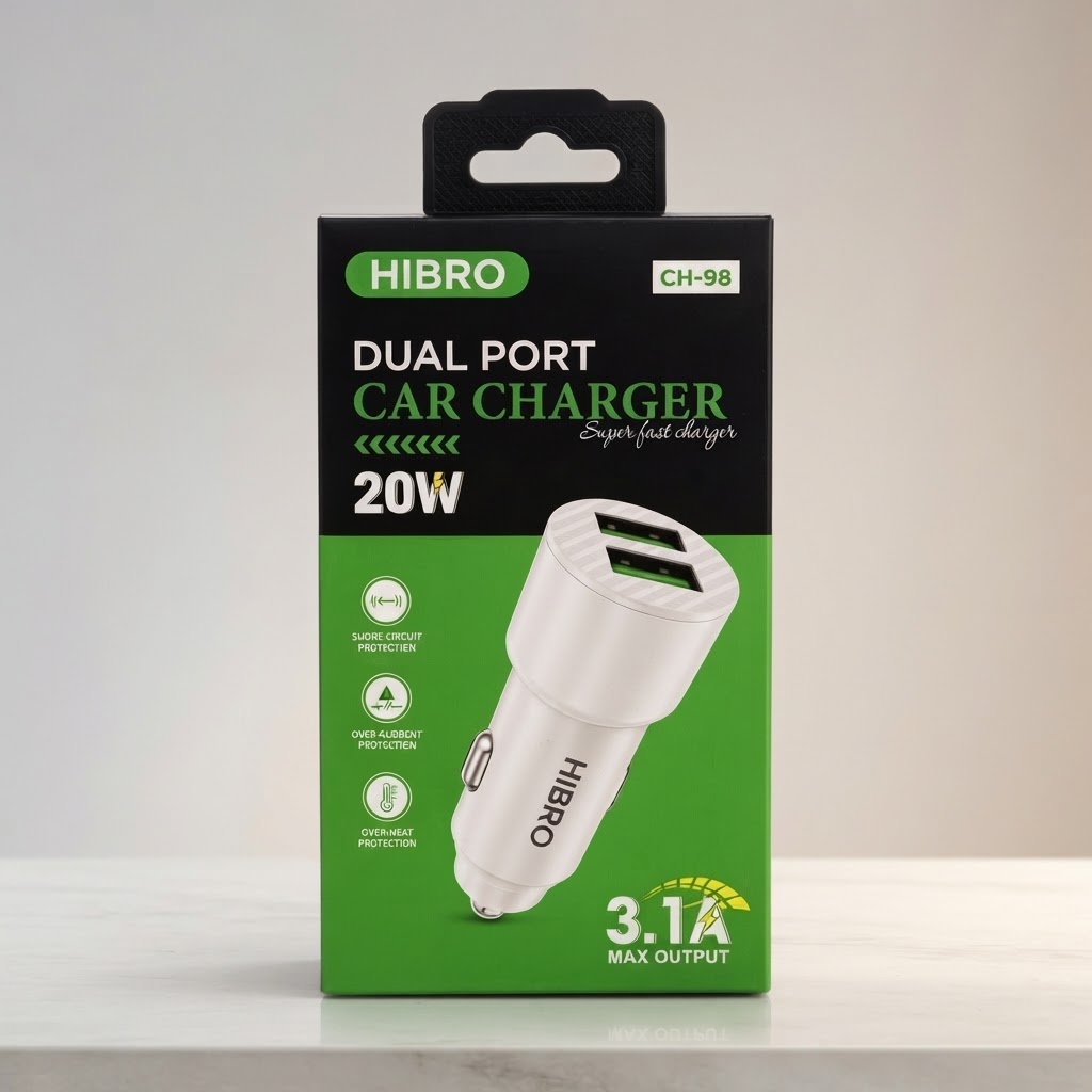 Hibro Dual Port Car Charger CH-98 avec arrière-plan retravaillé
