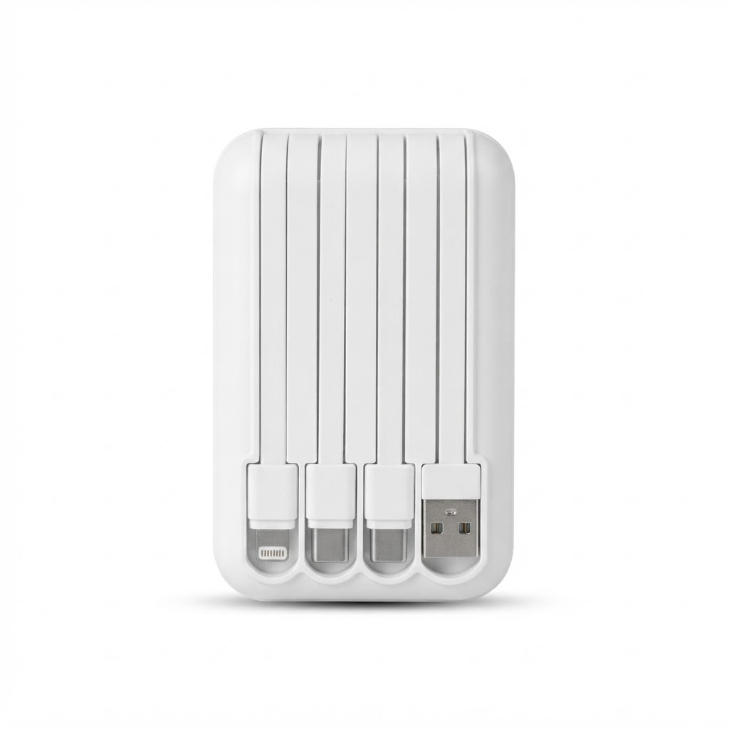 Power Bank Ultra-thin Mini blanc avec câbles intégrés à côté de son emballage